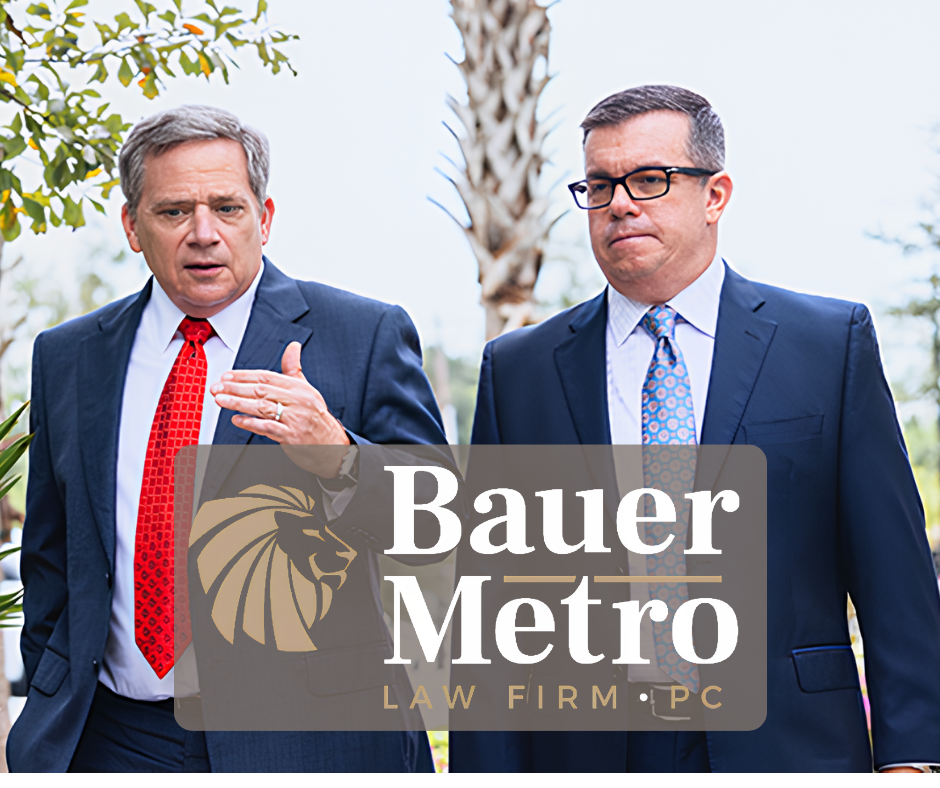 Two attorneys walking outdoors above the Bauer Metro Law Firm logo with palm trees in the background.