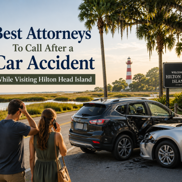 Tourists standing near a car accident scene by the Hilton Head Island welcome sign and lighthouse promoting car accident attorneys.