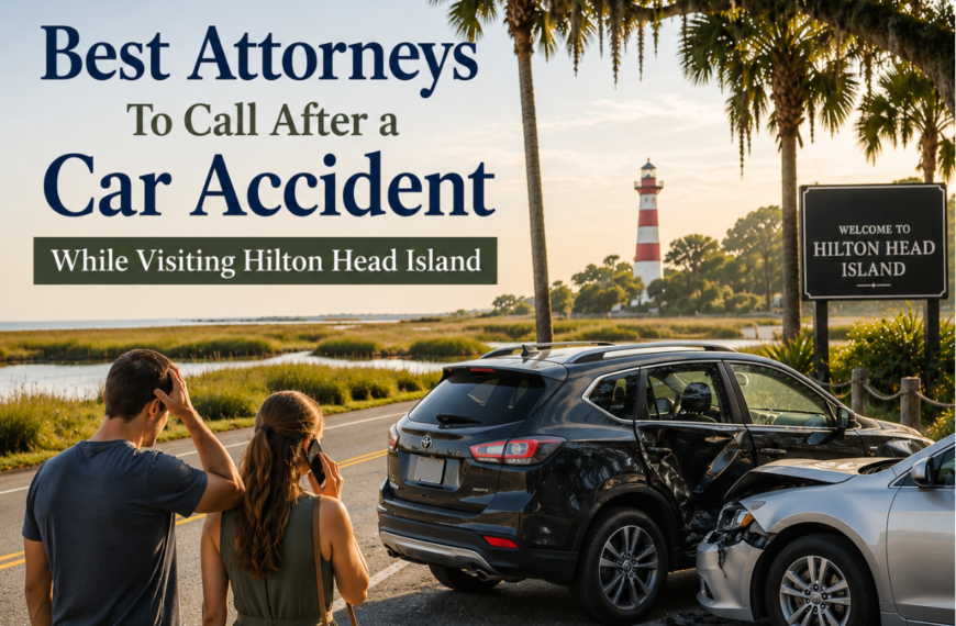 Tourists standing near a car accident scene by the Hilton Head Island welcome sign and lighthouse promoting car accident attorneys.