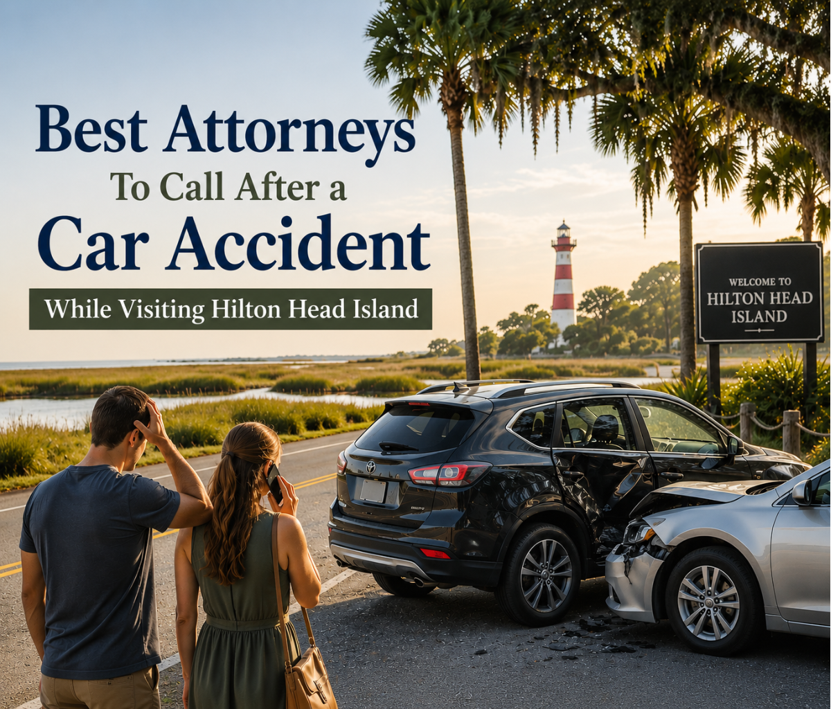 Tourists standing near a car accident scene by the Hilton Head Island welcome sign and lighthouse promoting car accident attorneys.