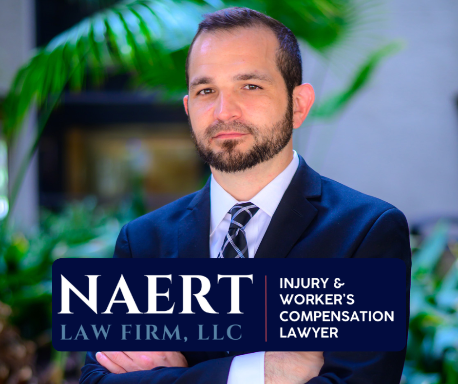 Portrait of an attorney above the Naert Law Firm logo promoting injury and workers’ compensation legal services.