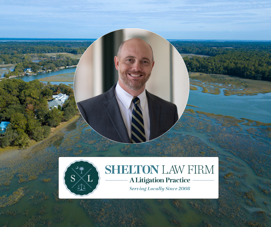 Portrait of an attorney above the Shelton Law Firm logo with an aerial coastal marsh background.
