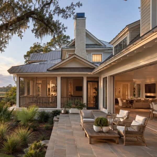 Luxury Hilton Head Island Lowcountry home with marsh views, screened porch, live oaks draped in Spanish moss, elegant coastal interiors, and seamless indoor-outdoor living at golden hour.