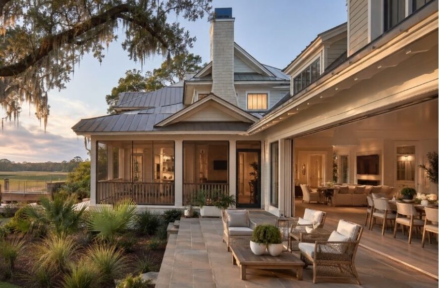 Luxury Hilton Head Island Lowcountry home with marsh views, screened porch, live oaks draped in Spanish moss, elegant coastal interiors, and seamless indoor-outdoor living at golden hour.