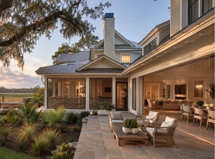 Luxury Hilton Head Island Lowcountry home with marsh views, screened porch, live oaks draped in Spanish moss, elegant coastal interiors, and seamless indoor-outdoor living at golden hour.