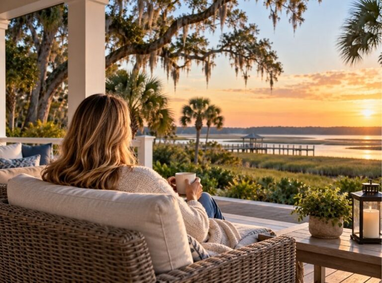 Woman relaxing on a Hilton Head Island home porch overlooking a peaceful Lowcountry marsh during facelift recovery.