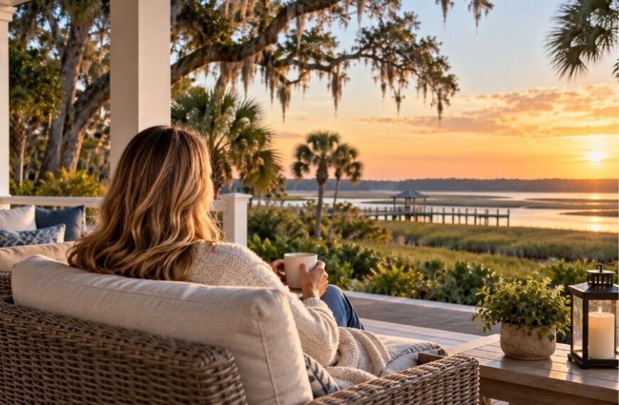 Woman relaxing on a Hilton Head Island home porch overlooking a peaceful Lowcountry marsh during facelift recovery.